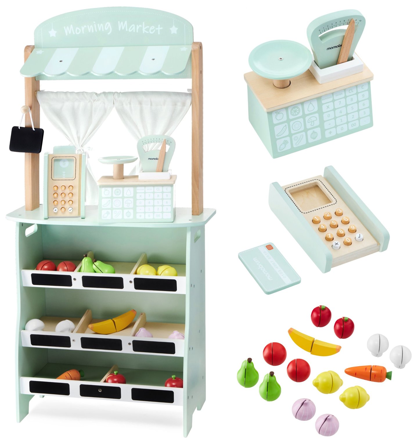 Large wooden shop - stall and theater 2 in 1 with scale, payment terminal, fruit and vegetables