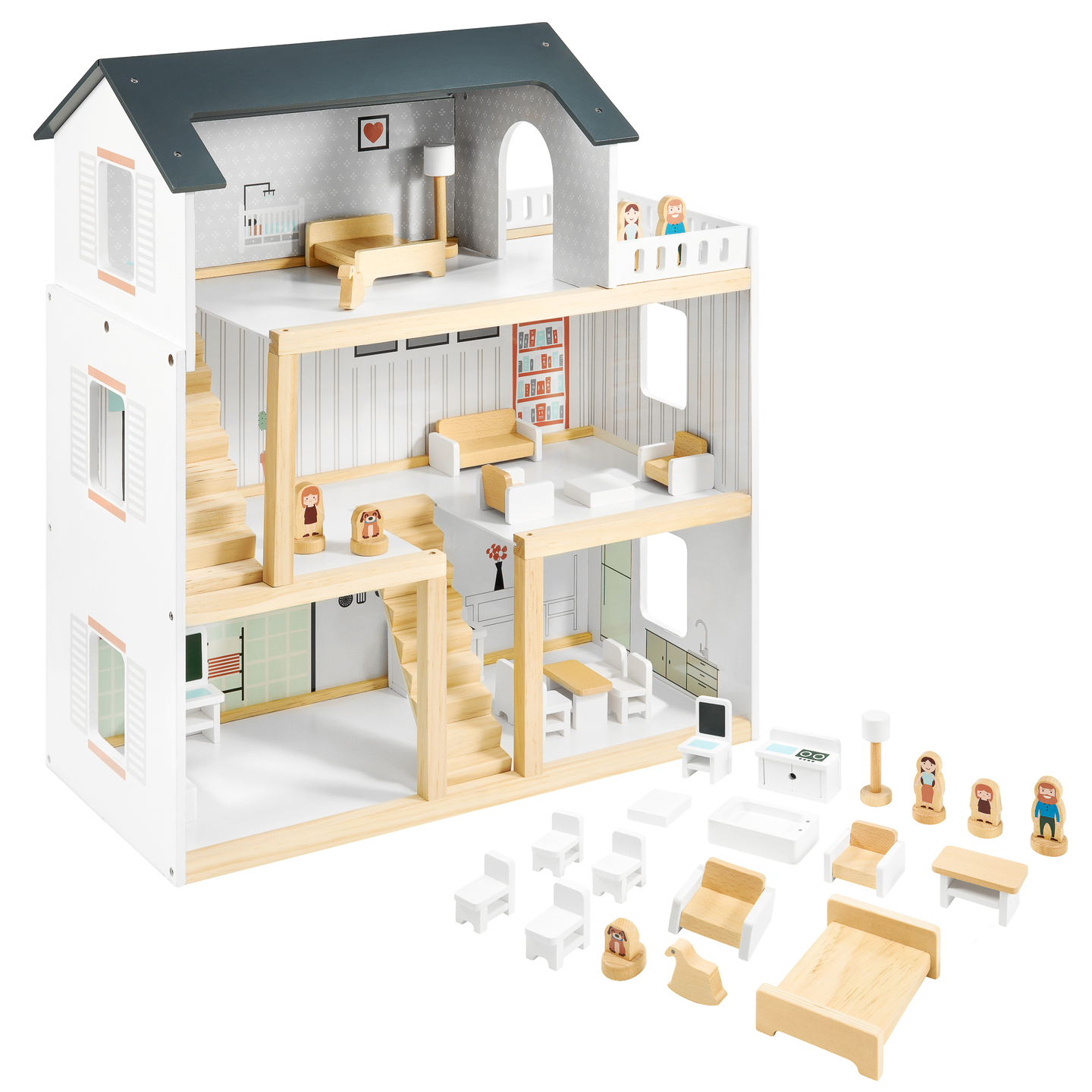 White wooden dollhouse with accessories (18 items)