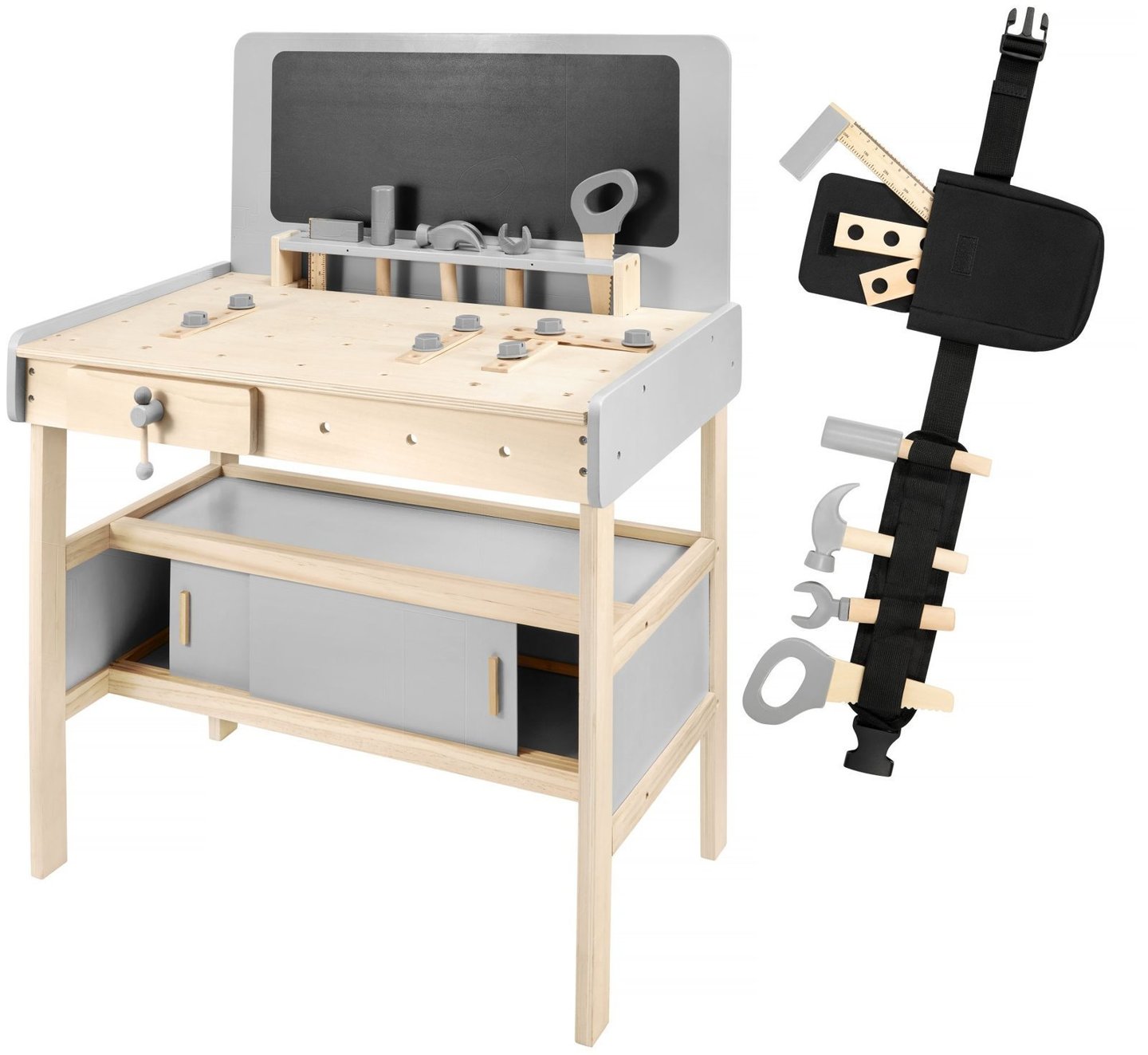 Wooden XXL workshop for children, provided with tools belt and chalk board - 48 items
